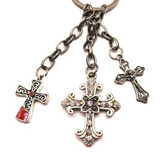 Triple Cross Dark Metal  Silver Tone  6 Inch  Keychain or Purse Charm - Picture 4 of 5